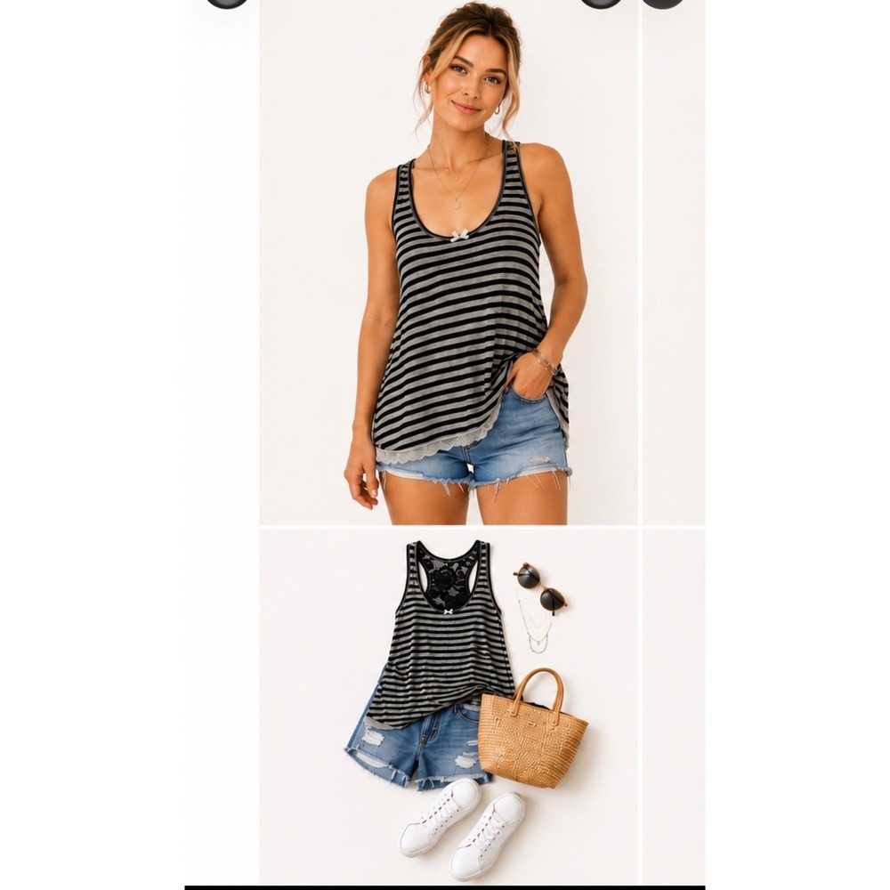 Honeydew‎ Intimates Tank Top Womens XL Black Grey Striped Lace Racerback Bow